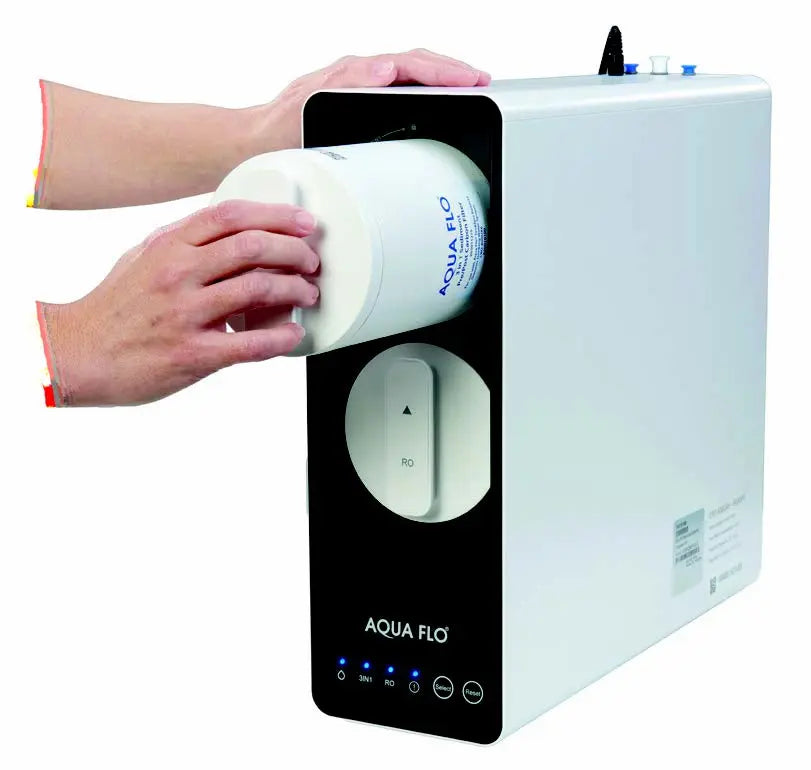 Person inserting a bottle into an Aqua Flo water filter system on a white background